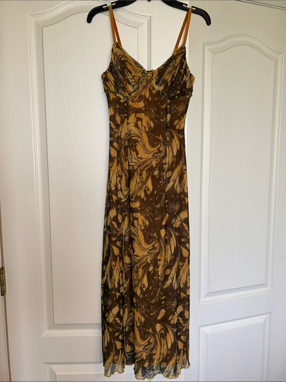 Urban Outfitters Brown & Mustard Marble-Print Maxi Slip Dress